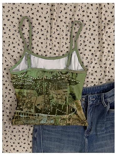 SweatyRocks Women's Vintage Graphic Cami Top Round Neck Camisole Casual Summer Crop Tops thumbnail 3