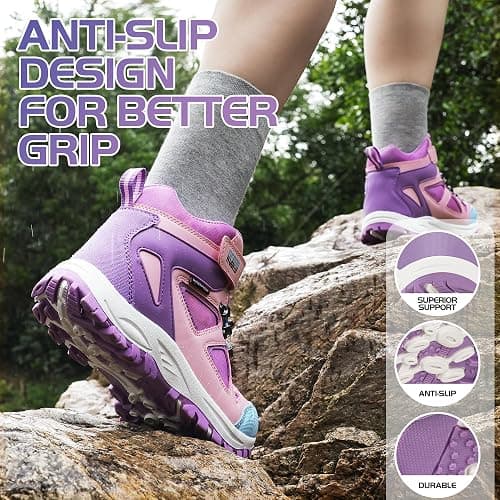 R CORD Kids Hiking Boots Drawstring Closure Girls Hiking Boots Waterproof Durable TPR Traction Outsole Anti-Skid Athletic Outdoor Boots thumbnail 3