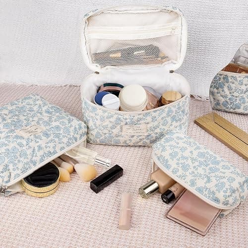 Makeup Bag Set, Quilted Makeup Bag, Large Floral Cosmetic Bag for Women, Cute Cotton Makeup Bag, Flower Travel Toiletry Organizer Bag(Color-Coded Floral) thumbnail 2