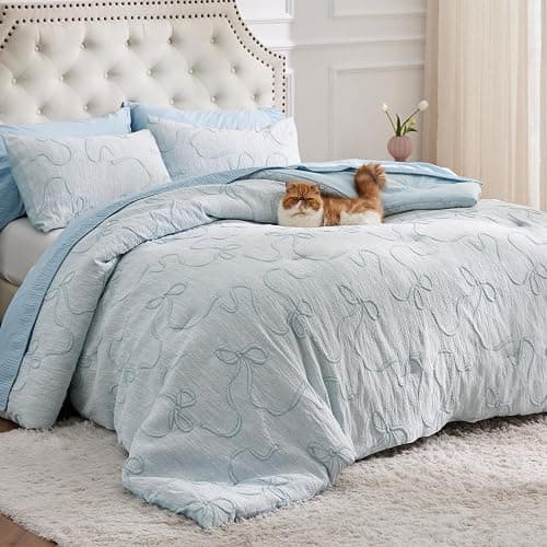 Bedsure Queen Comforter Set, Dusty Blue Boho Tufted Bed Set, 3D Puffy Jacquard Bedding Queen Size, 3 Pieces, 1 Farmhouse Shabby Chic Embroidery Comforter with Bow Pattern & 2 Pillow Cases thumbnail 3