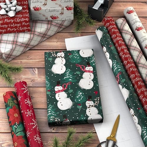 Hallmark Rustic Recyclable Christmas Wrapping Paper (6 Rolls: 180 Sq. Ft. Total) Red, White and Hunter Green Plaid, Poinsettias, Snowflakes, "Merry Christmas," Snowman, Santa thumbnail 2