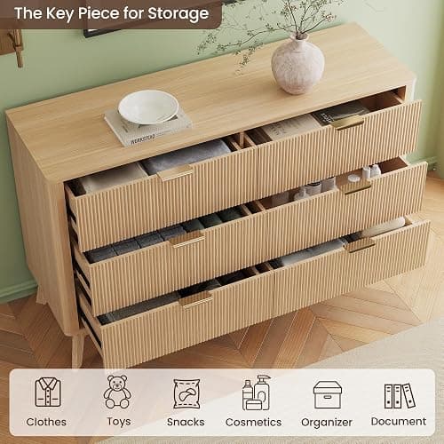 SUNWAVE 6 Drawer Dresser for Bedroom, 49.6" Wide Modern Fluted Dresser with Round Corner, Wood Chest of Drawers for Living Room (Oak) thumbnail 4