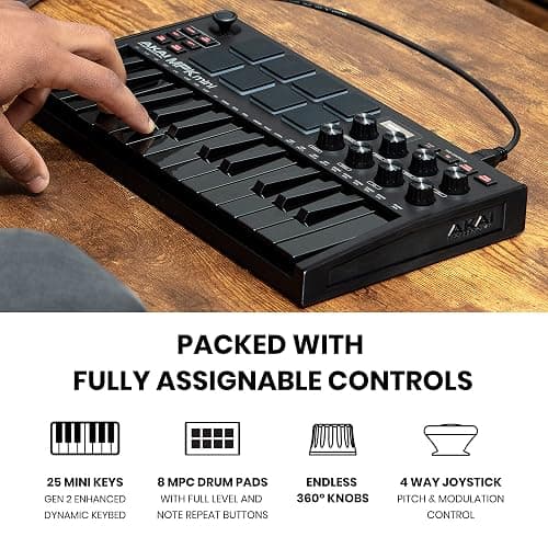 Akai Professional MPK Mini MK3-25 Keys USB MIDI Keyboard Controller with 8 Backlit Drum Pads, 8 Buttons, Music Production Software and Native Instruments Sound Package (NKS Integration), Black thumbnail 3