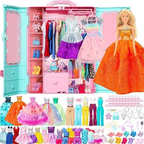 Style Shine 70 Pcs Doll Closet with Clothes & Accessories Including 2 Wedding Gowns 6 Fashion Dresses 2 Casual Outfits 2 Swimsuit 10 Shoes 20 Hangers 27 Accessories,Dress up Toys for Girls Kids Gifts - Image 1