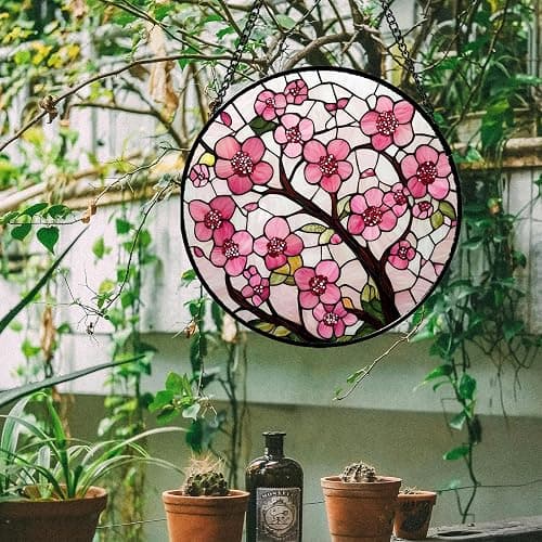 CRISGIF Stained Glass Window Hanging - Cherry Blossoms Birth Flower Suncatcher for Door Garden Patio Sun Catchers Decor Christmas Mother's Day Birthday Gifts for Women Mom Nana Friend Wife 7.8 in thumbnail 6