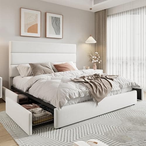 Allewie Modern Full Size Platform Bed Frame with 4 Storage Drawers and Velvet Upholstered Headboard, Wooden Slats Support, Upholstered Mattress Foundation/No Box Spring Needed/Easy Assembly, White thumbnail 9
