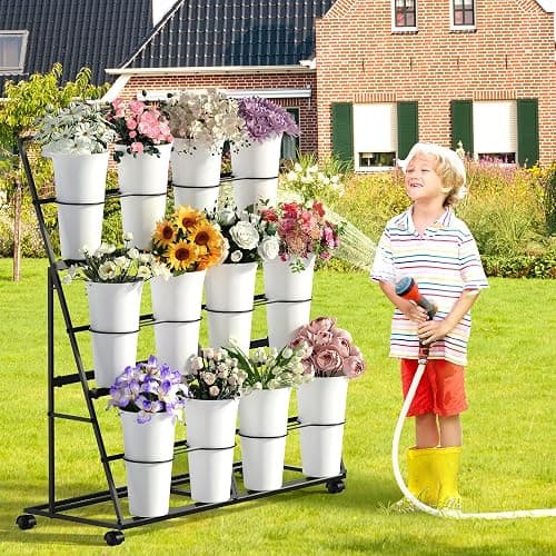 Invech Flower Display Stand with 12 Buckets and Wheels, 3 Tier Flower Cart Display Stand for Indoor Outdoor Garden, Wedding, Flower Shop (White) thumbnail 5