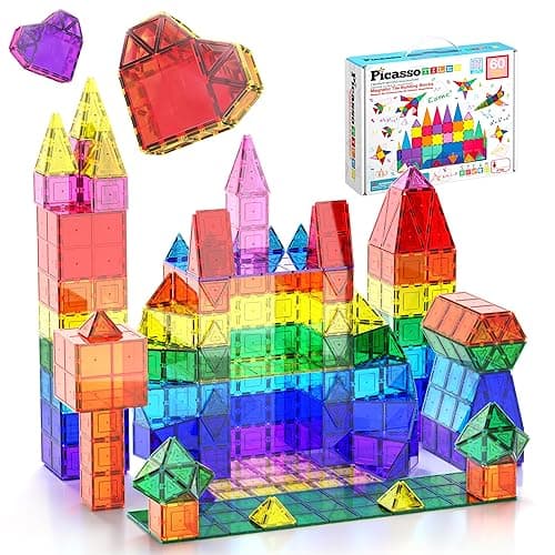 PicassoTiles Magnetic Tiles 60pcs Kids Toys Classroom Sensory Toy for Toddlers STEM Learning Building Blocks, Montessori Pretend Play Magnet Tile Construction Stacking Block Boys Girls Ages 3+ PT60