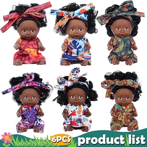 6 Pack 4 Inch African Girl Dolls Set - Black Mini Dolls with Colorful Outfits & Hairbands – Gift for Girls 3-6, 6-12 Educational Toys & Decorative Figures thumbnail 4