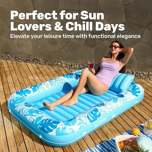 SLOOSH Inflatable Tanning Pool Lounger Float, 70" x 46" Pool Floats Adult with Pillow, 4 in 1 Suntan Tub Raft Floatie,Sunbathing Bed Lounge for Water Blow Up Kids Ball Pit Party Gifts, L-Blue thumbnail 8