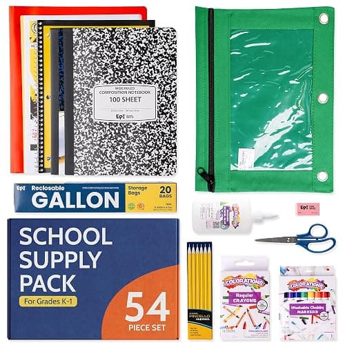 EPI Essentials Back to School Supplies for Kids – 54 Items in Kit – Kindergarten to 1st Grade School Supply Packs – Wide-Ruled Bundle with Composition Notebooks – Suitable for Homeschooling - Image 1