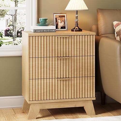 Fluted Nightstand, 24" Wide Side Table with 3 Large Storage Drawers, Mid Century Modern Wood Night Stand with Metal Handle, Wooden Bedside End Table for Bedroom, Living Room, Closet, Natural Oak thumbnail 3