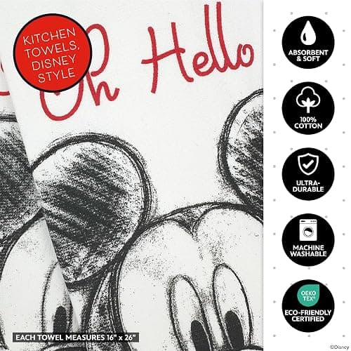 Disney Mickey Cotton Kitchen Towels & Mini Oven Mitts, 4-Piece Set | Absorbent, dries dishes fast, machine washable, mitt grip resists heat to 350F and is hand wash only, great for gifting thumbnail 6