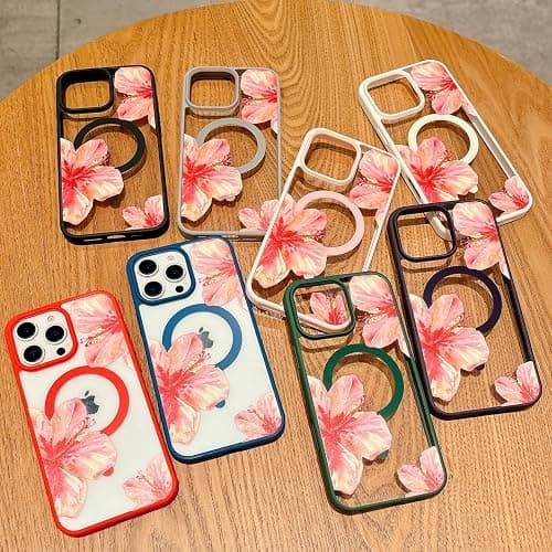 HYUEKOKO Magnetic for iPhone 13 Case & iPhone 14 Case [Compatible with MagSafe] Cute Trendy Hibiscus Flower Pattern Design for Summer Hawaiian, Shockproof Protective Cover for Girls Women-Pink thumbnail 6