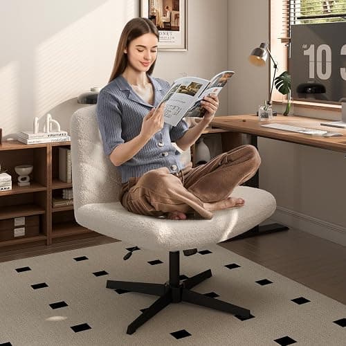 Yaheetech Wide Seat Cross Legged Office Chair, Adjustable Armless Office Chairs with No Wheels, Vanity Chair Criss Cross Chair Swivel Computer Chairs, Ivory thumbnail 2