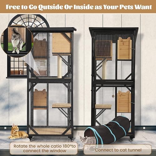 MAGIC UNION 71" Catio Outdoor Cat Enclosure Window Access, 4 Tiers Cats Playpen Catio with Wheels, Resting Box & Waterproof Roof, Indoor Large Cat House Cage with Scratching Post Sisal Ball (Black) thumbnail 7