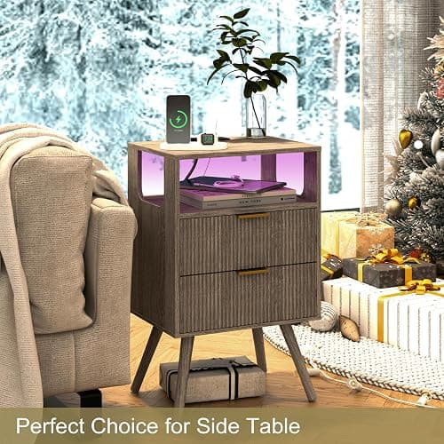 JOONEE Nightstand with Charging Station and LED Lights,Modern Bedside Table with 2 Storage Drawer and Open Wood Shelf, for Bedroom and Small Spaces,Night Stand with Solid Wood Legs,GreyOak thumbnail 7