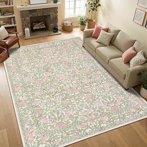 *BOUGHT, Heather* GarveeHome Pink and Green Vintage Floral Washable Rugs 8x10 for Living Room Boho Retro Botanical Rug Low Pile Stain Resistance Non Slip Carpet for Bedroom Nursery Dining Room thumbnail 5