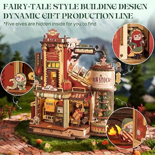 ROKR 3D Puzzle for Adults Christmas Style Dream Gift Factory Wooden Model Kit Luminous Factory DIY Dollhouse Kit Building with Music, Lights and 5 Elves for Adults thumbnail 4