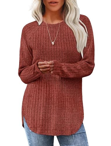 Saloogoe Long Sleeve Shirts for Women 2025 Fall Clothes Tunic Tops Loose Fit Dressy Crewneck Pullover Sweaters Curved Hem - Image 1