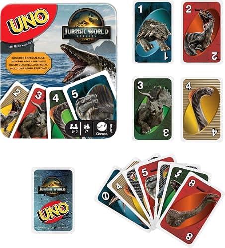 Mattel Games UNO Jurassic World Rebirth Card Game in a Collectible Tin for Kids, Adults & Family with Special Rule & Images Inspired by The Movie thumbnail 5