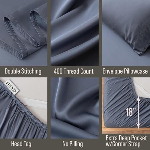 Bella Coterie Luxury Bamboo Viscose Cal King Size Sheet Set | 100% Organically Grown | Ultra Soft | Cooling for Hot Sleepers | 18" Deep Pocket [Slate Blue] thumbnail 3