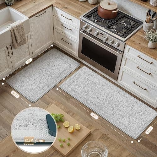 PureCozy Kitchen Mats 2PCS Anti Fatigue Cushioned Mat Gray Vintage Kitchen Mats for Floor Waterproof Non Slip Comfort Standing Grey Retro Floral Rug for Sink Laundry Office 17.3"x47"+17.3"x30" thumbnail 3