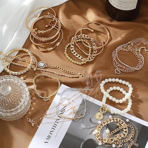 IFKM 6 PACK (24 PCS) Boho Gold Chain Bracelets Set for Women, 14K Gold Plated Multiple Layered Stackable Open Cuff Wrap Bangle Adjustable Link Italian Cuban Jewelry for Women Gift thumbnail 4