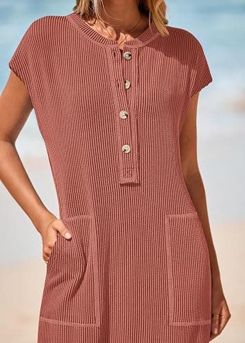 KIRUNDO Womens Summer Dresses 2026 Spring Ribbed Knit Henley Short Sleeve Maxi Dress Button Up Loose Beach Vacation Sundress thumbnail 8