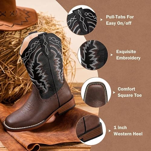 Parrosoo Kids Cowboy Boots for Boys Girls Western Riding Shoes Square Toe Wide Calf Hunting Walking Adventure Toddler Little Big Kid thumbnail 4