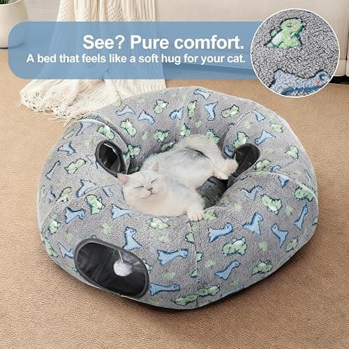 Cat Tunnel Bed, Foldable Cat Donut Tunnel with Removable Cushion & Toy Ball, Stress Relief Fun, Round Pet Play Tunnel for Indoor Cats, Kittens and Small Pets (3D Dinosaur Pattern) thumbnail 4