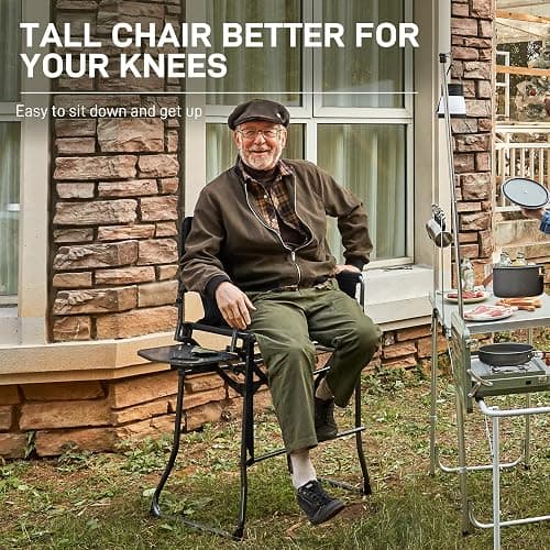 EVER ADVANCED Portable 30.7" Seat Height Tall Folding Camping Chair Directors Chair High Foldable Bar Stool with Side Table for Makeup Artist, Sports Event, Craft Show, Supports 350LBS Black Grey thumbnail 4