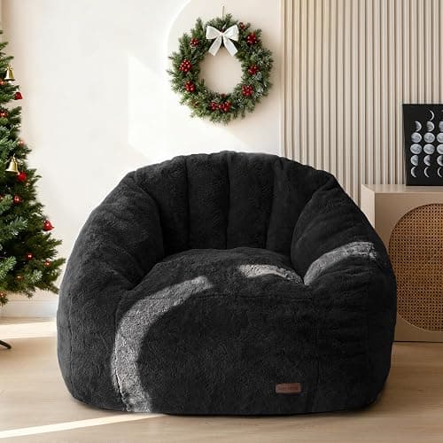 MAXYOYO Giant Bean Bag Chair, Oversized Bean Bag Couch for Adults and Kids, Faux Fur Shell-Shaped Large Chair with Filler, Stuffed Big Accent Sofa Lounge Floor Sofa for Gaming, Reading, Black - Image 1