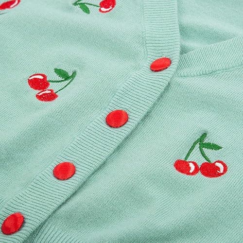 Belle Poque Women's 3/4 Sleeve V-Neck Button Down Cherries Embroidery Cropped Cardigan Sweater Coat thumbnail 5