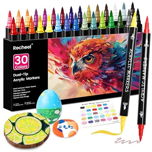 Recheel 30 Colors Acrylic Paint Markers, Dual Tip Fine and Brush Tips for Detailed Art, Crafting, Rock Painting, Wood, Glass, Ceramic, and More thumbnail 9