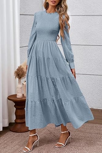PRETTYGARDEN Women's Long Sleeve Maxi Dresses 2025 Fall Casual Smocked Trim Neck Swiss Dot Tiered Flowy Wedding Guest Dress thumbnail 8
