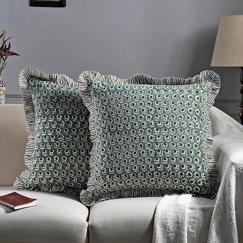 Ridhi Modern Farmhouse Pillow Covers Decorative Cotton Throw Pillow Covers Set of 2 Basil Green Cushion Covers with Ruffle for Couch Sofa Bed Living Room Spring Home Decor 18x18 thumbnail 2