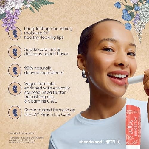 NIVEA Lip Care, Bridgerton Limited Edition Moisturizing Lip Balms with Shea Butter, Blackberry Pie, Peach Tea, Rose Meringue, and Vanilla Biscuit, Four 0.17 Oz Sticks thumbnail 6