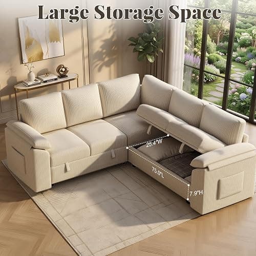 85 Inch Modular Sectional Sofa with Pull Out Couch Bed, L Shaped 5 Seat Sectional Couch with Storage, Corduroy Sectional Couches for Living Room, Cloud Modular Couch, Removable Sofa Cover, Beige thumbnail 6