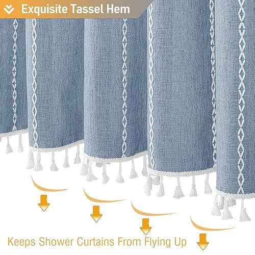 BTTN Boho Farmhouse Shower Curtain, Linen Rustic Weighted Striped Fabric Shower Curtain Set with Tassel, Water Repellent, Bohemian Vintage Country Cloth Shower Curtains for Bathroom, Blue, 72x72 thumbnail 7