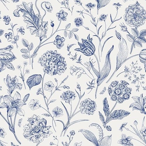 lenify Floral Peel and Stick Wallpaper Blue Contact Paper 16.9inch x 118.1inch Blue and White Wallpaper Boho Removable Vintage Wall Paper Self Adhesive Flower Decor Vinyl for Cabinets Drawer - Image 1
