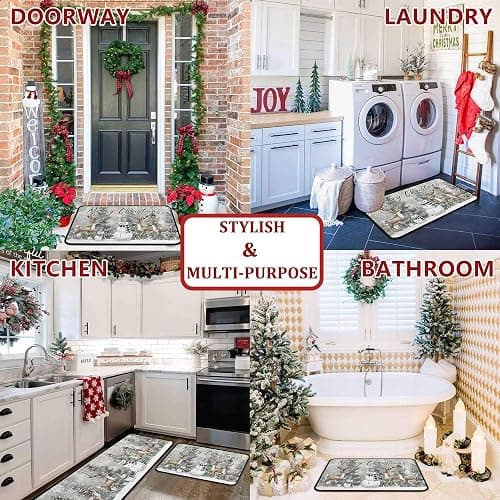 Christmas Kitchen Rugs Green Xmas Trees Deer Snowman Kitchen Mats Set of 2, Christmas Decorations for Home, Non-Slip Backing Winter Holiday Floor Mat Xmas Decor Washable Rug 17"x47.2"+17"x30" thumbnail 4