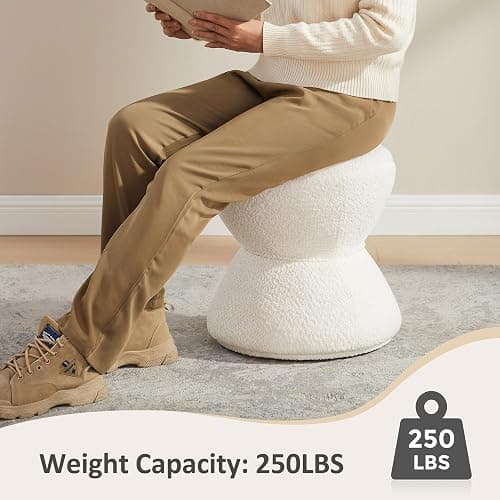 VANOMi Multi-Functional Boucle Ottoman, Vanity Stool Chair, Sturdy Rotating Wooden Footstool, Suitable for Living Room, Bedroom, and Entryway, Without Installation, Swivel, White thumbnail 6