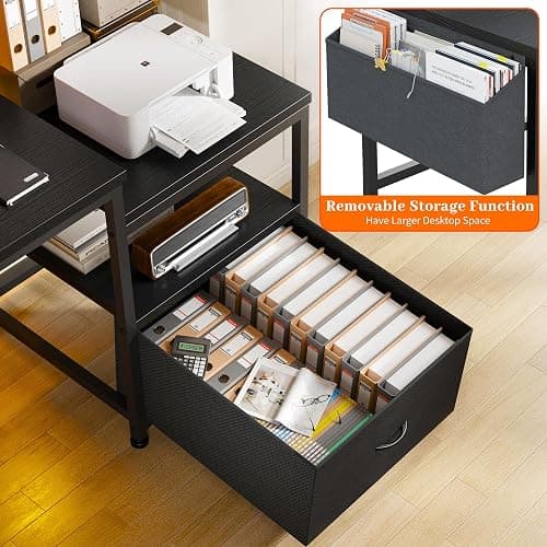 EnHomee 57" Computer Desk with Drawers and Printer Space,Office Desk with Power Outlets,Home Office Desks with File Drawers Cabinet,Study Writing and Gaming Desk with Shelves Monitor Stand,Black thumbnail 3
