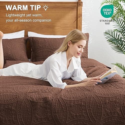 Love's cabin Quilts for Queen Bed Brown Bedspreads Bedding Set - Lightweight Bedspread Comforter - Coin Pattern Bedding Coverlet for All Season - 3 Pieces (1 Quilt, 2 Pillow Shams) thumbnail 3