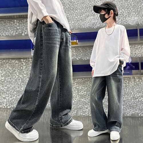 Rolanko Boys Baggy Jeans, Wide Leg Elastic Waist Denim Pants Loose Fit Trousers Vintage Y2K Streetwear thumbnail 5