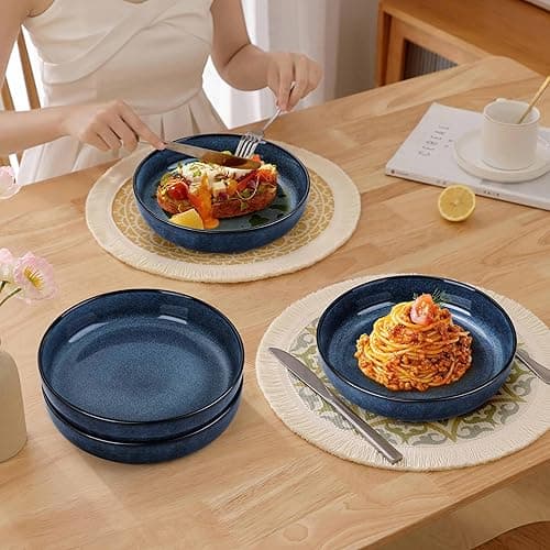 Herogo Stoneware Pasta Bowls Set of 4, Large Wide Shallow 37oz Plates and Serving Bowls Sets for Salad Soup Cereal, Microwave & Dishwasher Safe, Starry Blue - Starry Blue - Nature Series thumbnail 7