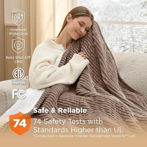 Bedsure GentleSoft Heated Blanket Throw - Soft Ribbed Flannel Electric Blanket, Heating with 4 Time Settings, 6 Heat Settings, and 3 hrs Timer Auto Shut Off, Gifts for Grandma (50x60 inches, Brown) thumbnail 5