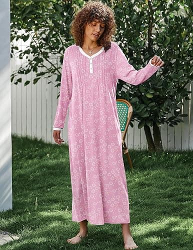 Ekouaer Women's Long Sleeve Nightgown Full Length Sleepwear Long Sleepshirts Henley Sleep Dress S-4XL thumbnail 5