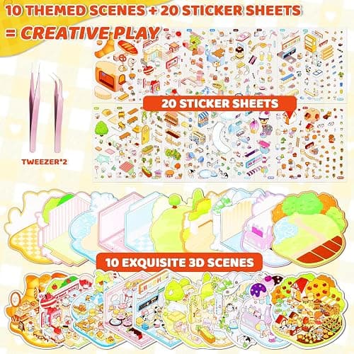 QEF 10 Sets Upgraded 3D Sticker Scene Book, Side-by-Side Cute Kawaii Stickers with 2 Tweezers, DIY Miniature Scene Sticker Book for Kids and Adults, Creative Stress Relief Activity Gift thumbnail 4